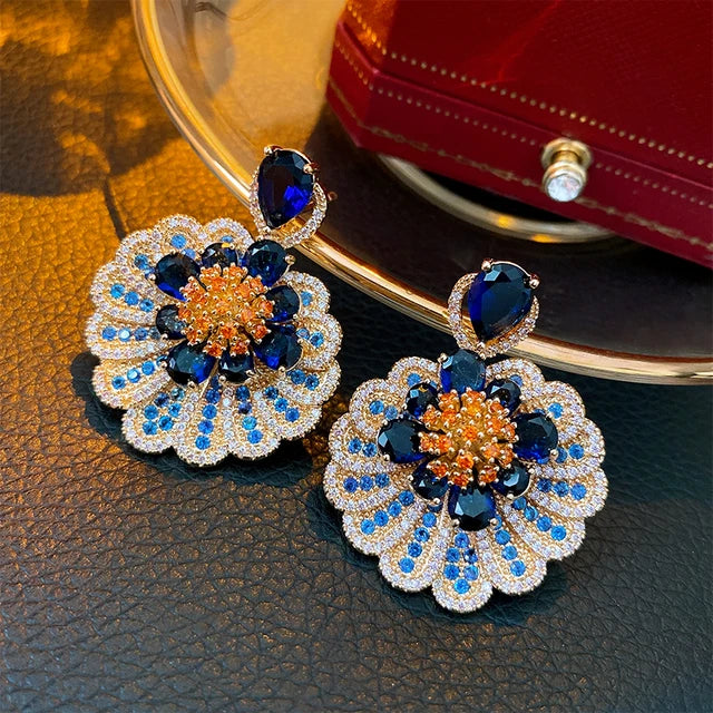 💎 Blue Crystal Flower Drop Earrings Jewelry Wedding Gift