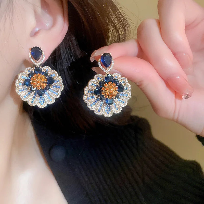 💎 Blue Crystal Flower Drop Earrings Jewelry Wedding Gift