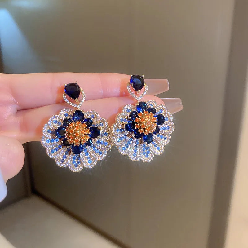💎 Blue Crystal Flower Drop Earrings Jewelry Wedding Gift