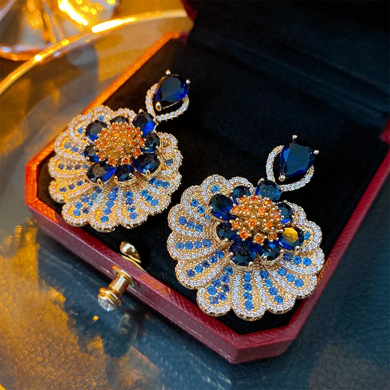 💎 Blue Crystal Flower Drop Earrings Jewelry Wedding Gift