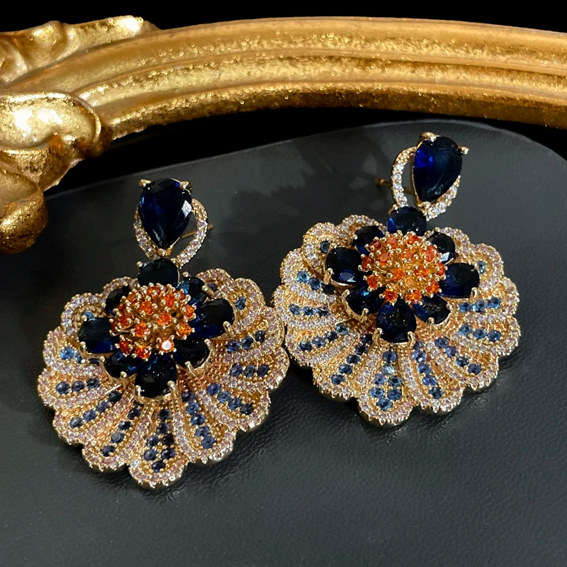 💎 Blue Crystal Flower Drop Earrings Jewelry Wedding Gift
